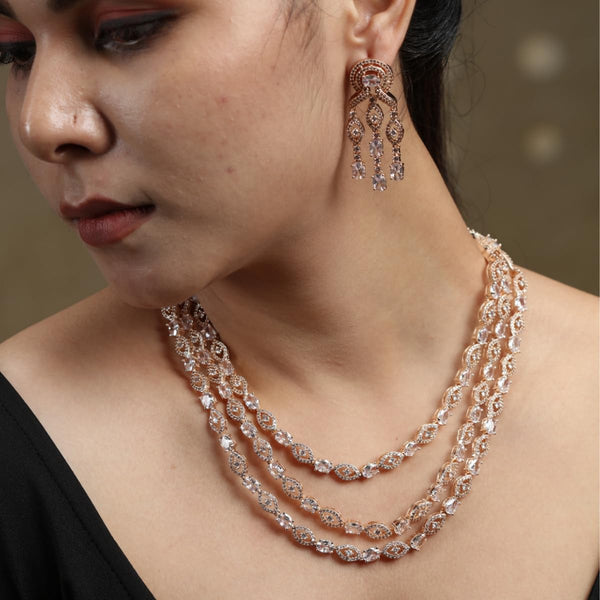 Iksava Rose Gold Plated American Diamonds Studded Layered Necklace Set with Earrings for Women