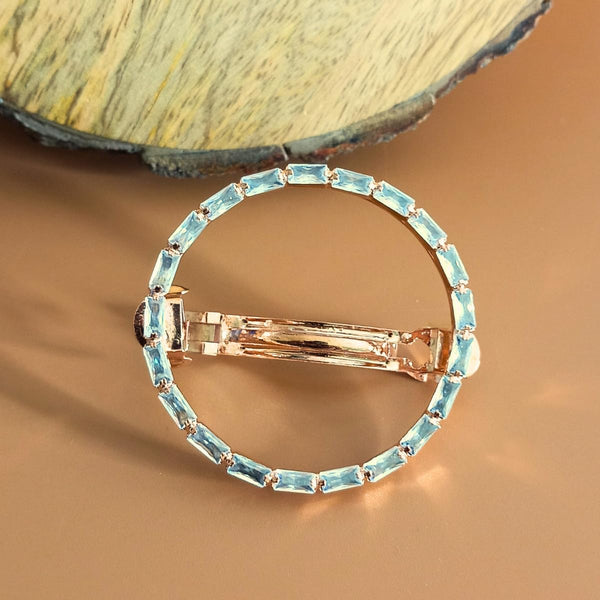 Elegant Round Crystal Hair Clip – Rose Gold Plated Barrette with Blue Baguette Cut Stones for Women & Girls