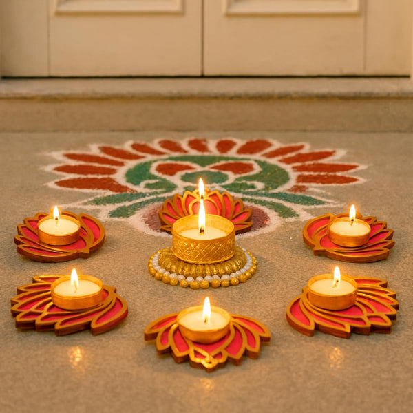 7-Piece Festival Décor Combo | 1 Gold & White Pearl Bangle Holder & 6 Glow Lotus Holders with Tea Light Candles for Diwali, Weddings & Home Décor