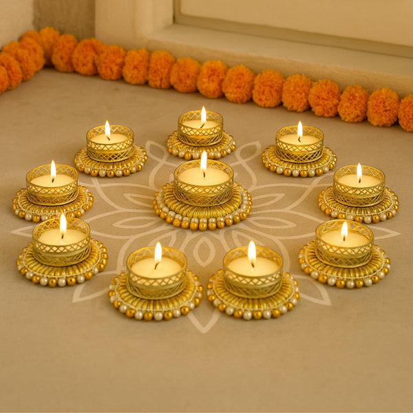Set of 12 Gold & White Pearl Bangle Holders with Tea Light Candles | Decorative Golden Metal Tealight Holder Set for Diwali, Weddings & Pooja