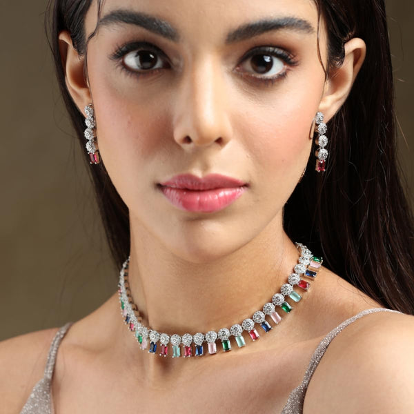 Iksava Silver Plated Minimal Design American Diamonds Studded Multicolor Navratna Necklace Set for Women