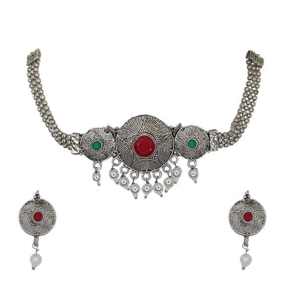 Oxidised Silver Choker Necklace Set with Earrings for Women | Red & Green Stone Pearl Temple Jewellery for Weddings & Festivals
