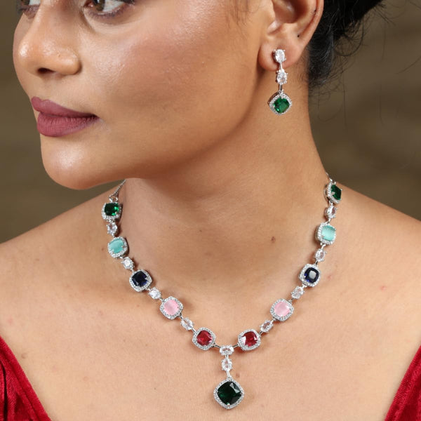 Iksava Silver Plated Minimal Design American Diamonds Studded Multicolour/Navratna Gemstone Necklace Set for Women