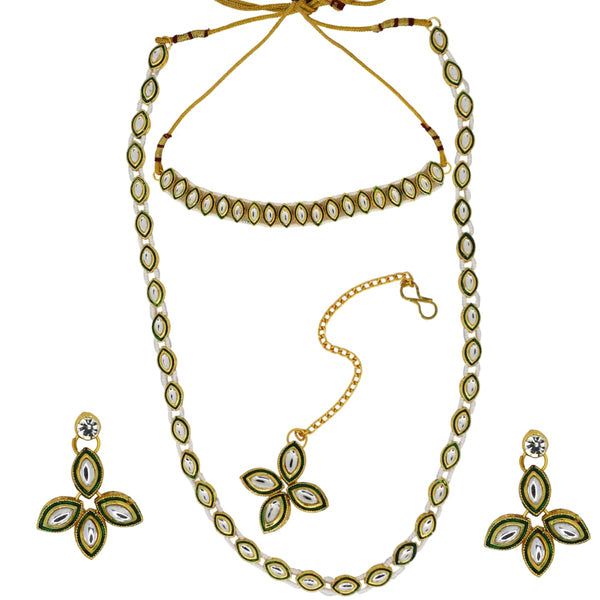 Traditional Leaf Shape Green Kundan Necklace Set with Earrings & Maang Tikka for Women | Bridal & Festive Jewellery