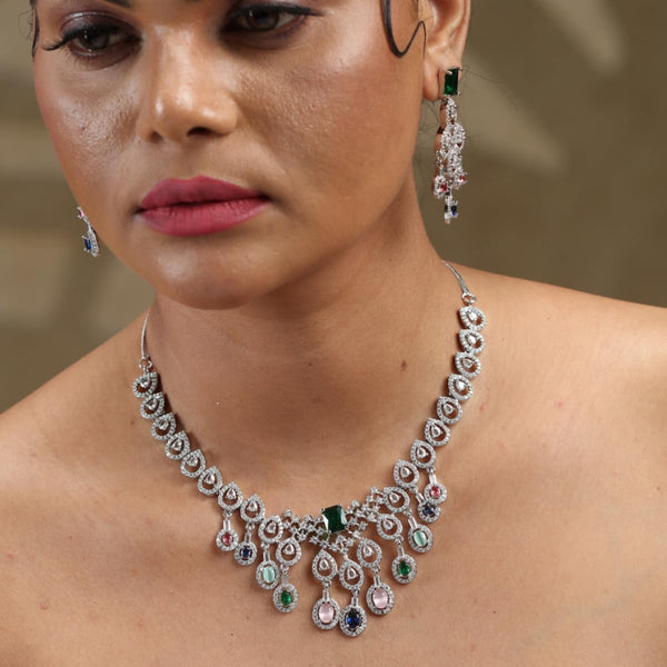 Iksava Silver Plated Chandelier Design American Diamonds Studded Multicolour/Navratna Necklace Set for Women