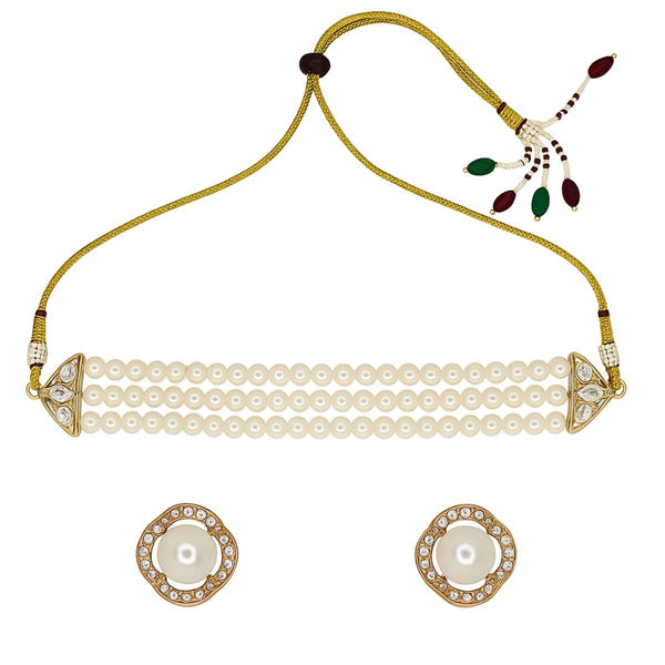 Iksava 3-Layer Pearl Choker Necklace with Kundan Side Caps & Matching Stud Earrings for Women – Bridal, Festive & Traditional Jewelry Set