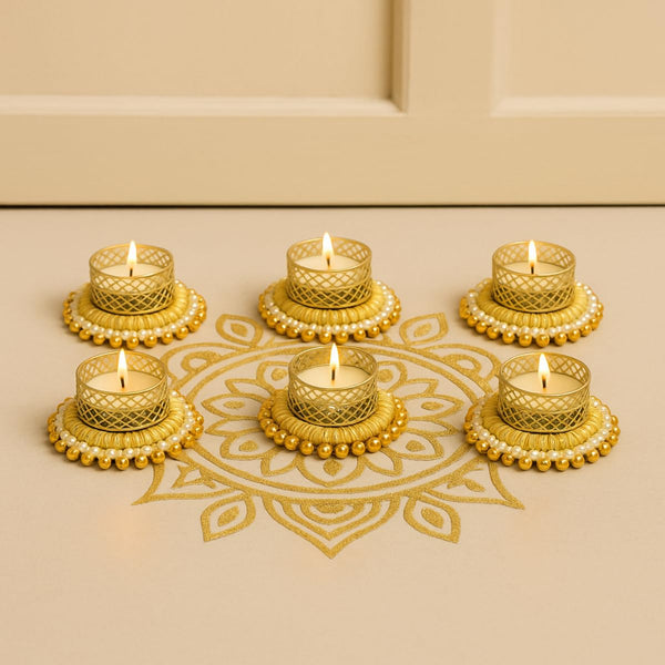 Set of 6 Gold & White Pearl Bangle Holders with Tea Light Candles | Decorative Golden Metal Tealight Holder Set for Diwali, Weddings & Pooja