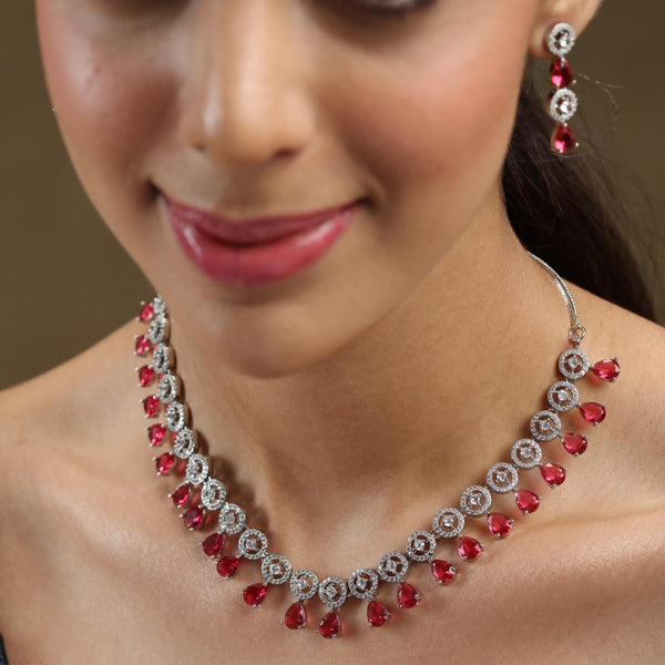 Iksava Silver Plated Red Ruby & American Diamond Studded Necklace Set with Earrings for Women