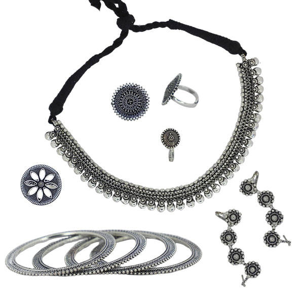 Antique Silver Oxidised Jewellery Set for Women & Girls | Necklace, Bangles, Earrings, Nose Pins & Rings Combo for Ethnic