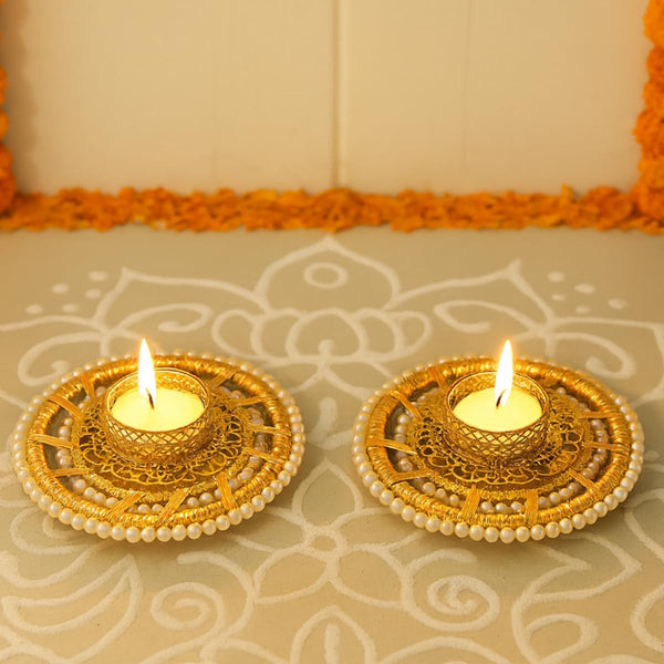 Set of 2 Sunshine Pearl Holders with Tea Light Candles | Decorative Golden Metal & Pearl Tealight Holder Set for Diwali, Weddings, Pooja & Home Décor