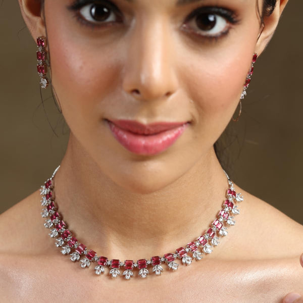 Iksava Silver Plated Pink Ruby American Diamonds Studded Necklace Set  with Earrings for Women