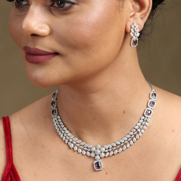 Iksava Silver Plated Pink Ruby & American Diamonds Studded Delicate Necklace Set with Earrings for Womens