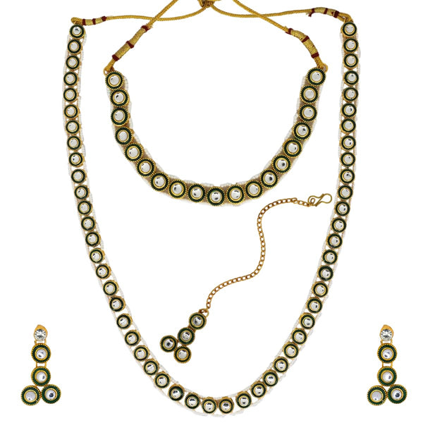 Traditional Round Shape Green Kundan Necklace Set with Earrings & Maang Tikka for Women | Bridal & Festive Jewellery