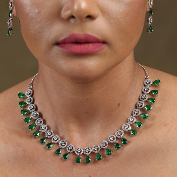 Iksava Silver Plated Teardrop Design Green Emerald & American Diamonds Studded Necklace Set with Earrings for Women