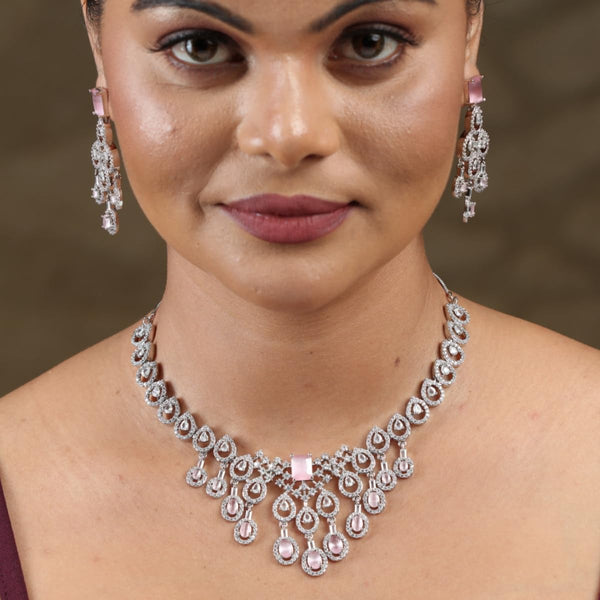 Iksava Silver Plated Pastel Pink American Diamond Necklace Set for Women