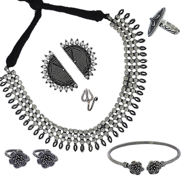 Antique Silver Oxidised Jewellery Set for Women & Girls | Necklace with Adjustable Thread, Earrings, Kada Bangle & Rings Combo