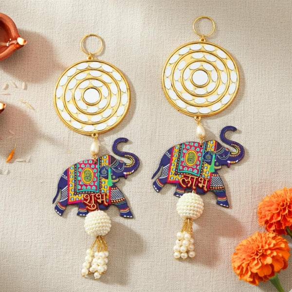 Elephant Design Shubh Labh Toran with Golden Circular Mirror Work & Pearl Tassels, Decorative Door Hanging for Diwali & Festive Wall Décor