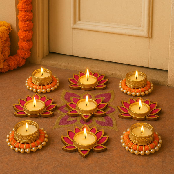 Orange Bangle with Gold Pearl Tealight Holder Set of 4 & Glow Lotus Tealight Holder Set of 5 | Decorative Diya Set for Diwali, Pooja & Home Décor