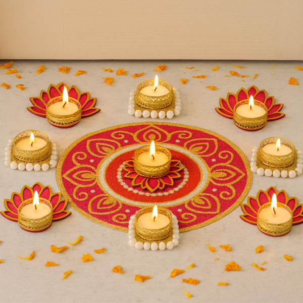 Set of 9 Tea Light Candle Holders | 4 Pearl Square Bangle Holders & 5 Glow Lotus Holders | Decorative Diwali Diyas for Home Décor & Gifting