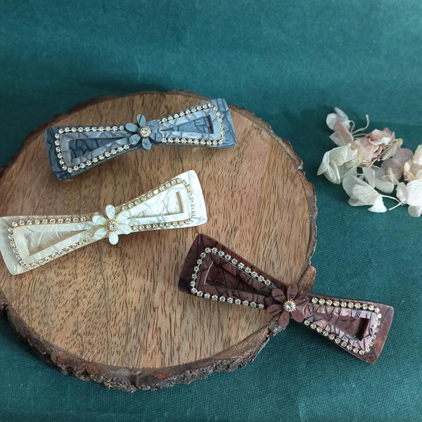 Marble Finish Hair Clips with Rhinestone Accents, Set of 3