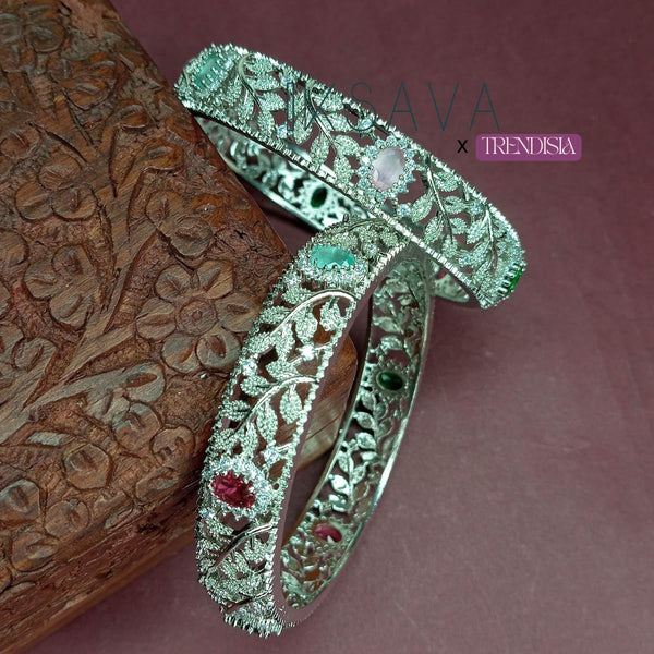 Iksava Silver Plated Leaf Design American Diamonds Studded Bangles/Kada Set of 2 for Women