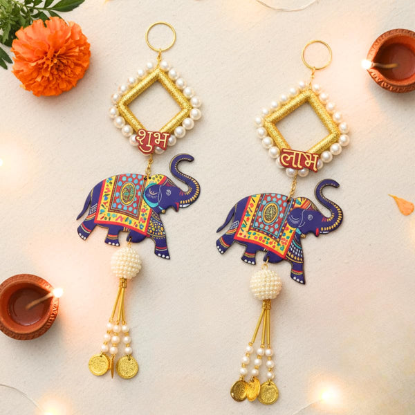 Elephant Shubh Labh Toran with Pearl Square Motif & Tassels, Decorative Door Hanging for Diwali, Wedding & Festive Pooja Room Wall Décor
