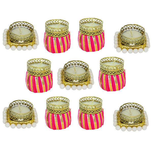 Set of 11 Tealight Holders | 6 Pink Shine Glow Bangle & 5 Pearl Square Bangle Holders with Tea Light Candles for Diwali, Weddings & Home Décor