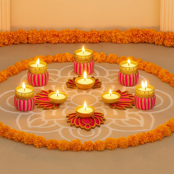 9-Piece Festival Candle Holder Set | 5 Pink Shine Glow Bangle Holders & 4 Lotus Candle Holders with Tea Light Candles for Diwali, Weddings & Home Décor