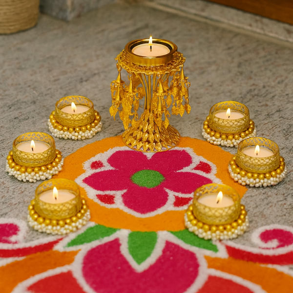 Golden Stand Candle Holder with 6 Gold & White Pearl Bangle Tea Light Holders | Decorative Festival Tealight Set for Diwali, Pooja & Home Décor