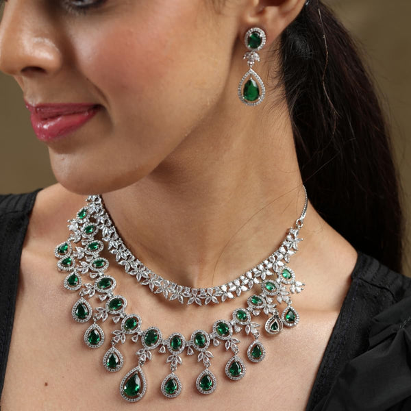 Iksava Silver Plated Green Emerald American Diamonds Studded Bridal Necklace Set with Earrings for Women