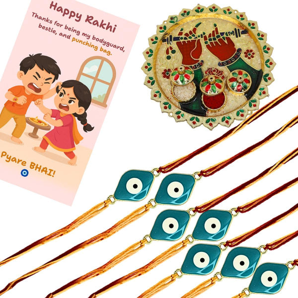 Evil Eye Rakhi with Quirky Raksha Bandhan Card, Roli kumkum Chawal & Decorative Pooja Thali (18cm) | Rakhi Combo with Fun Card