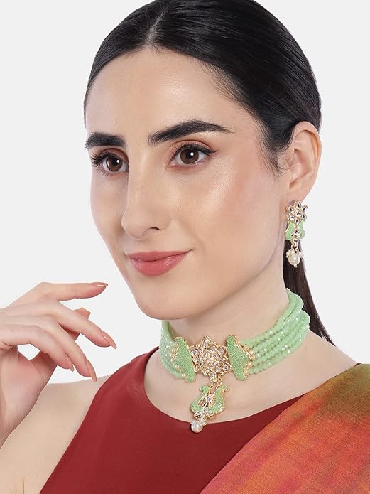 Mint Green  White Gold-Plated Kundan-Studded  Beaded Jewelle