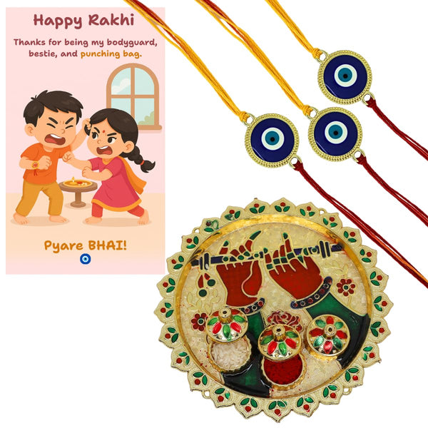 Classic Evil Eye Rakhi with Funny Card,kumkum & Decorative Pooja Thali (18cm)| Raksha Bandhan Gift Combo for Brother | Nazar Rakhi with Quirky Card