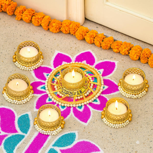 Set of 6 Tea Light Candle Holders | 5 Dual Moti Bangle Holders & 1 Sunshine Pearl Holder | Decorative Festive Diya Set for Home Décor & Gifting