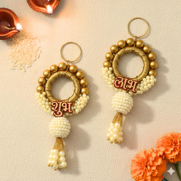 Golden & Pearl Shubh Labh Decorative Door Hanging Toran with Bead Design & Tassels, Traditional Wall Hanging for Diwali & Pooja Room Décor