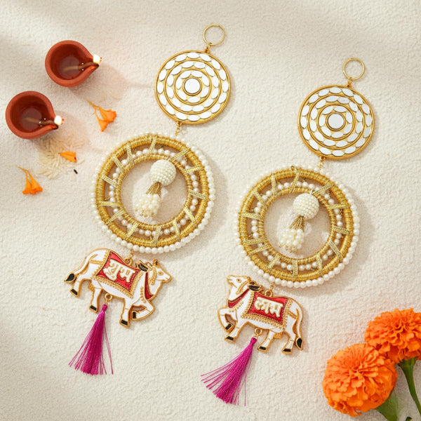 Traditional Decorative Door Hanging Toran with Cow Design, Pearl & Golden Beads, Shubh Labh Wall Hanging for Diwali & Festive Home Décor