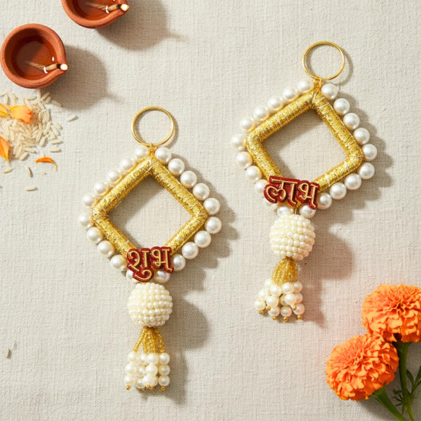 Shubh Labh Square Toran with Golden Frame & Pearl Border, Decorative Door Hanging with Tassels for Diwali, Pooja Room & Festive Wall Décor