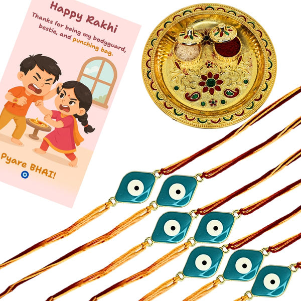 Evil Eye Rakhi with Roli Kumkum, Funny Raksha Bandhan Card & Decorative Pooja Thali (14cm) | Rakhi Combo Gift Set for Brother