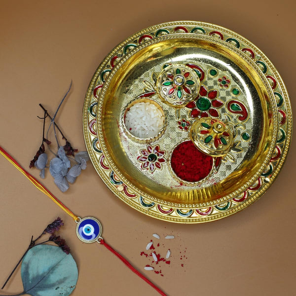 Classic Evil Eye Rakhi with Funny Card,kumkum & Decorative Pooja Thali (14cm)| Raksha Bandhan Gift Combo for Brother | Nazar Rakhi with Quirky Card