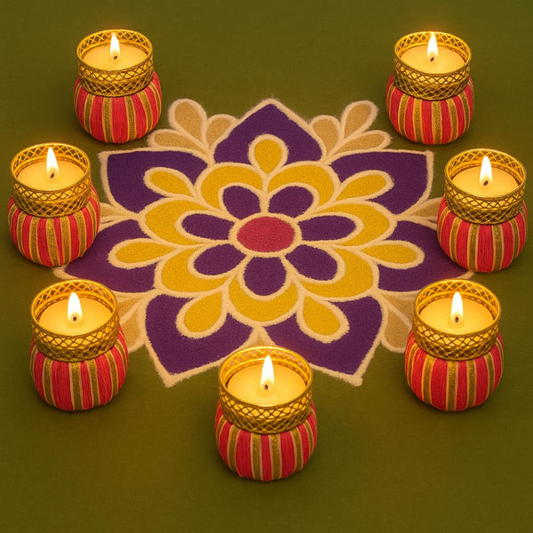 Set of 7 Pink Shine Glow Bangle Holders with Tea Light Candles | Decorative Golden Metal Tealight Holder Set for Diwali, Pooja & Home Décor