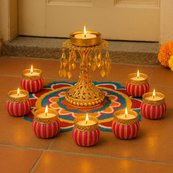 Golden Stand Candle Holder with 7 Pink Shine Glow Bangle Tea Light Holders | Decorative Tealight Set for Diwali, Weddings, Pooja & Home Décor