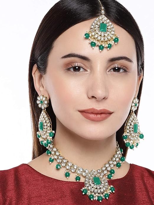 Green Gold-Toned Kundan, Pearls  Emarald Jewellery Set