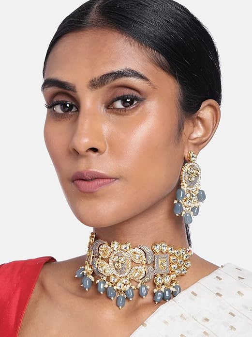 Gold Toned Kundan and Gray Enamel Jewelry Set