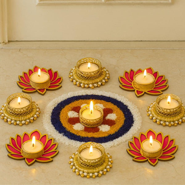 Gold & White Pearl Bangle Holder Tealight Candle Set of 5 with Glow Lotus Holders Set of 4 | Decorative Diya for Diwali, Pooja & Festive Décor