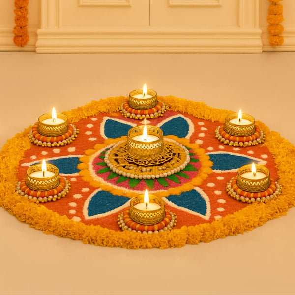 Centerpiece & Surrounding Décor | Set 6 Orange Bangle with Gold Pearl Holders & 1 Sunshine Pearl Holder with Tea Light Candles | Decorative Festive Tealight Holder Set for Pooja & Diwali