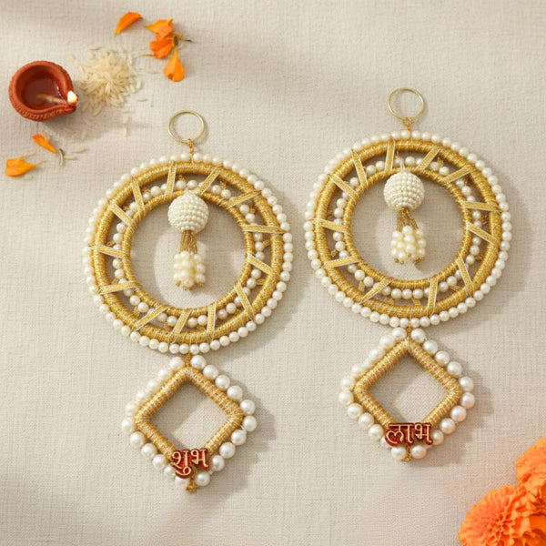 Shubh Labh Decorative Door Hanging Toran with Golden Pearl Circular Design & Square Motifs for Diwali, Pooja Room & Festive Wall Décor