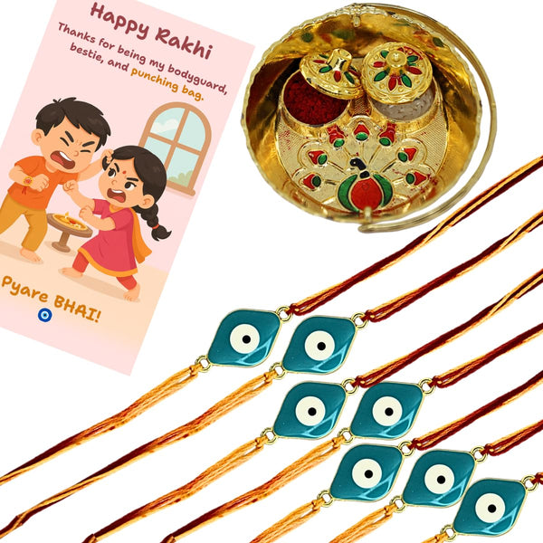 Evil Eye Rakhi with Roli Kumkum, Funny Raksha Bandhan Card & Decorative Pooja Thali (10cm) | Rakhi Combo Gift Set for Brother