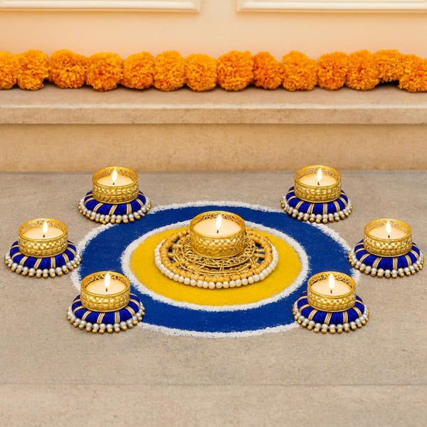 highlighting Contrast | 6 Blue Bangle with Golden Pearl Holders & 1 Sunshine Pearl Holder with Tea Light Candles | Festive Decorative Tealight Set
