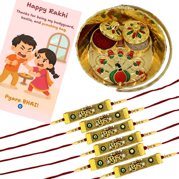 BRO Rakhi with Roli Kumkum, Quirky Card & 10cm Decorative Pooja Thali | Raksha Bandhan Gift Combo for Brother | Rakhi Thali Set for Bhai