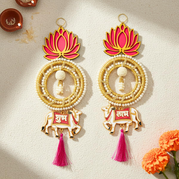 Lotus Design Decorative Door Hanging Toran with Shubh Labh Cow Motif, Golden Pearl Beads & Tassels for Diwali Festive Home Décor
